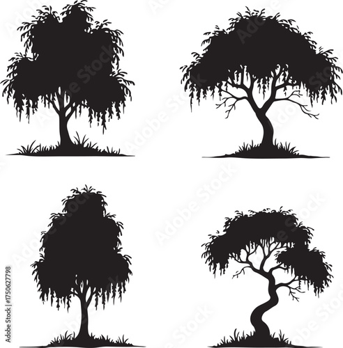 Four black silhouette trees with drooping branches and grass