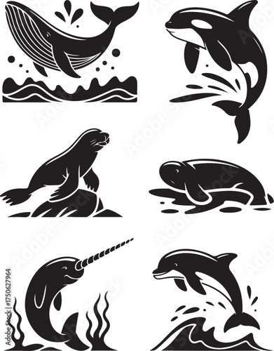 Marine life icons vibrant ocean creatures stylized art