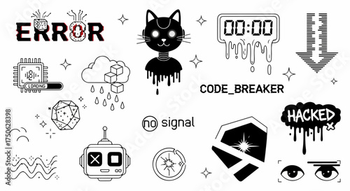 A collection of cyber security, data, and technology-themed black and white icons, featuring glitch art, error messages, a robot cat, loading screens, and hacking concepts.