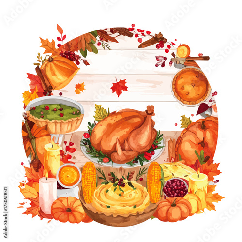 Watercolor illustration of a traditional Thanksgiving dinner feast with roasted turkey, pumpkin pie, mashed potatoes, corn, and autumn decorations.