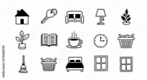 Minimalist black and white icons for home, household items, daily routines, and domestic comfort.
