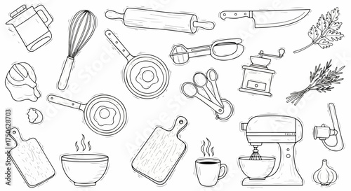 Hand-drawn kitchen utensils and cooking equipment collection, featuring essential tools like mixer, pans, knife, and herbs, ideal for culinary themes and food preparation concepts.