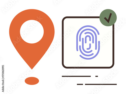 Geolocation pin alongside a biometric fingerprint inside a rectangle with approval checkmark. Ideal for security, verification, biometrics, location tracking, identity, data privacy, technology
