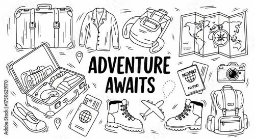 Hand-drawn travel and adventure concept with essential gear, including suitcases, map, passports, and hiking boots, ready for exploration.