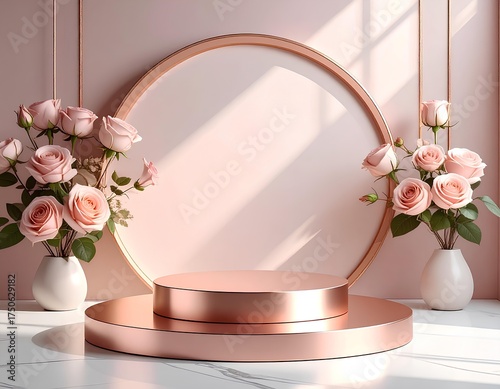 Elegance in Bloom: A display of pink roses and minimalist podium with a circular frame create a serene backdrop for product showcasing, adding a touch of elegance and sophistication.