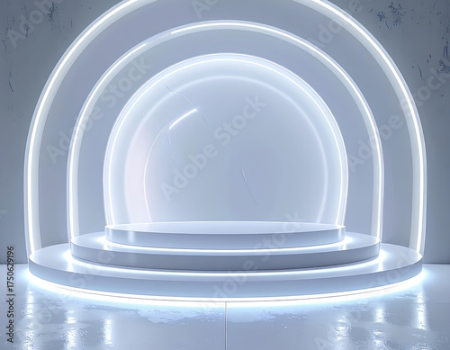 Illuminated Display Stage: Futuristic and minimalist design, featuring a sleek, modern, and glowing platform, perfect for product showcasing or artistic presentations.