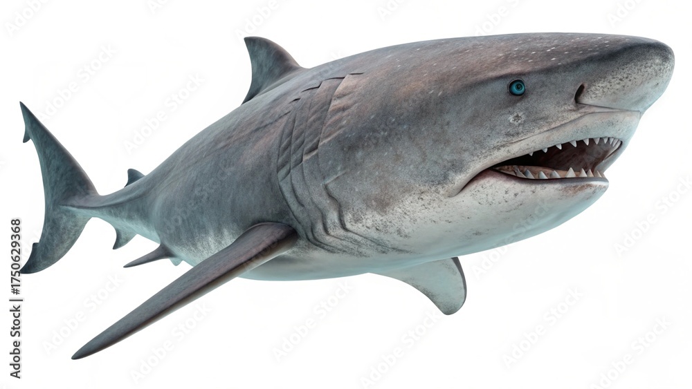 Fototapeta premium Megamouth Shark with large rounded mouth, smooth gray body, and gentle fins, isolated on a clean white studio background, realistic deep-sea shark portrait, sharp focus, professional lighting