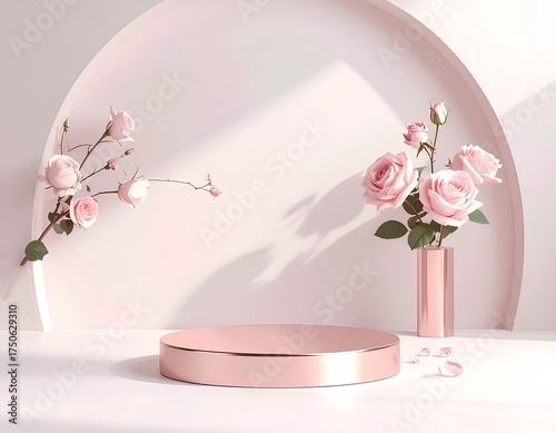 Ethereal Rose Display: A minimalist stage, adorned with soft roses, epitomizes elegance and simplicity. Showcasing the delicate beauty of blooms.