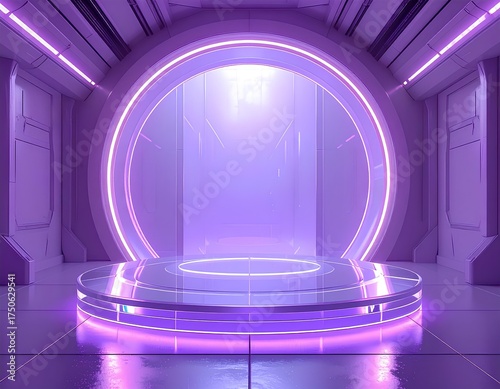 Futuristic Platform: A captivating digital depiction showcasing an elegant and futuristic platform set within a sleek, minimalist sci-fi environment, bathed in a luminous purple hue.