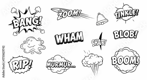 Black and White Comic Book Sound Effects and Action Bubbles Collection