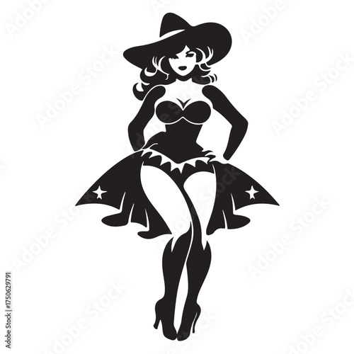 Witchy Showgirl Silhouette – Retro Glam Halloween Pin-Up Art