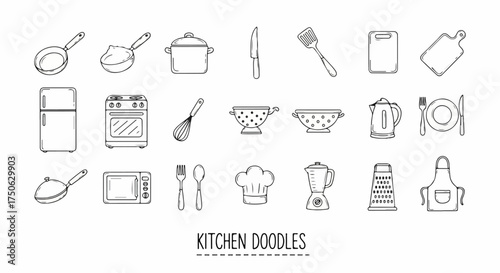 Hand-drawn Kitchen Utensils and Appliances Doodle Set: A comprehensive collection of cooking tools, cutlery, and essential equipment for culinary design.