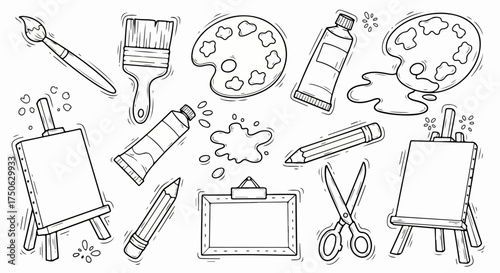 Creative Art Supplies Doodle Collection: Hand-drawn brushes, palettes, easels, paints, pencils, and scissors for artistic projects and learning.
