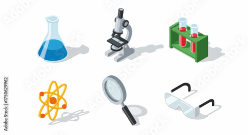 Isometric illustrations of essential laboratory and science equipment: flask, microscope, test tubes, atom model, magnifying glass, and safety glasses for education and research.