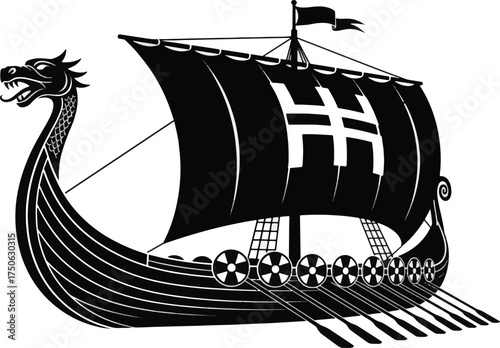 Viking longship with dragon head black and white illustration of a Norse ship isolated on white background