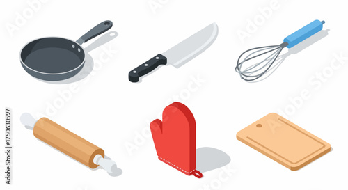 Isometric collection of essential kitchen cooking tools and baking utensils, including pan, knife, whisk, rolling pin, oven mitt, and cutting board, on a clean white background.