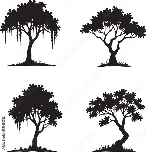 Four black silhouette trees with varied foliage and drooping branches
