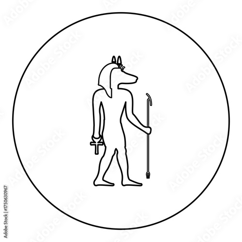 Anubis deity with jackal head ancient Egyptian god holds staff and anch cross silhouette mythical icon in circle round black color vector illustration image outline contour line thin style