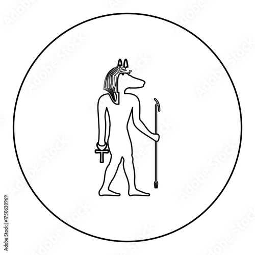 Anubis deity with jackal head ancient Egyptian god holds staff and anch cross silhouette mythical icon in circle round black color vector illustration image outline contour line thin style