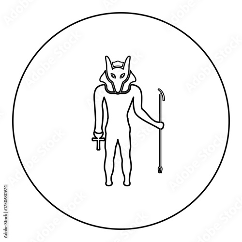 Anubis deity with jackal head ancient Egyptian god holds staff and anch cross silhouette mythical icon in circle round black color vector illustration image outline contour line thin style