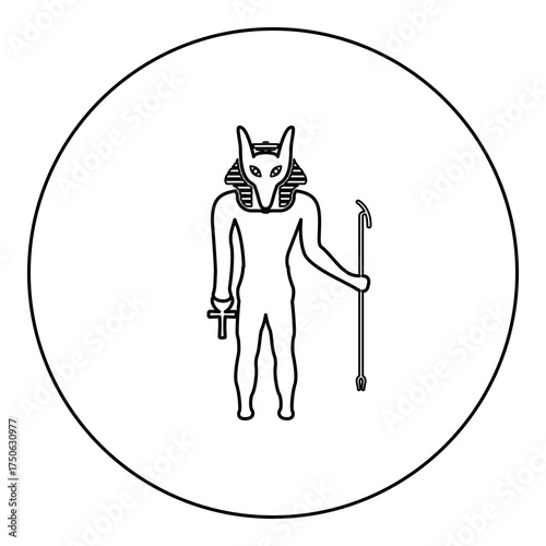 Anubis deity with jackal head ancient Egyptian god holds staff and anch cross silhouette mythical icon in circle round black color vector illustration image outline contour line thin style