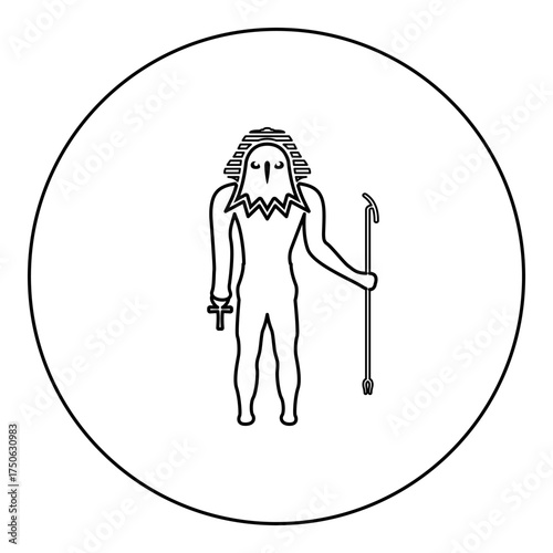 Egypt sun god deity Ra ancient with falcon head icon in circle round black color vector illustration image outline contour line thin style