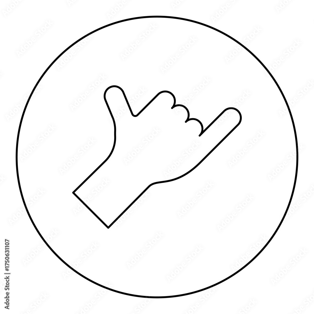 Obraz premium Shaka symbol hand hawaiian greeting gesture sign call me sign telephone loose surf up icon in circle round black color vector illustration image outline contour line thin style