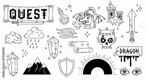 Whimsical hand-drawn fantasy adventure elements: dragons, quests, castles, magic, and mystical symbols. Perfect for gaming, storytelling, and medieval-themed designs.
