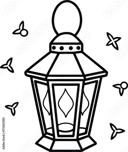 Lantern Glowing with Floating Fish Line Art Illustration on Transparent Background