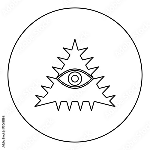 Mason symbol occult emblem of masonic Illuminati triangle all seeing eye of vision providence sacred sign in pyramid in triangle secret concept icon in circle round black color vector illustration 