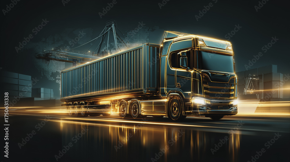 Fototapeta premium Double exposure of Twilight view of Container truck in ship port for business Logistics and transportation of Container Cargo ship and Cargo plane with working crane bridge with Earth and world map