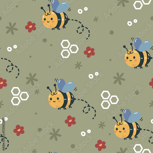 Cute Cartoon Bees and Flowers Seamless Pattern on a Textured Green Background with Honeycomb Accents