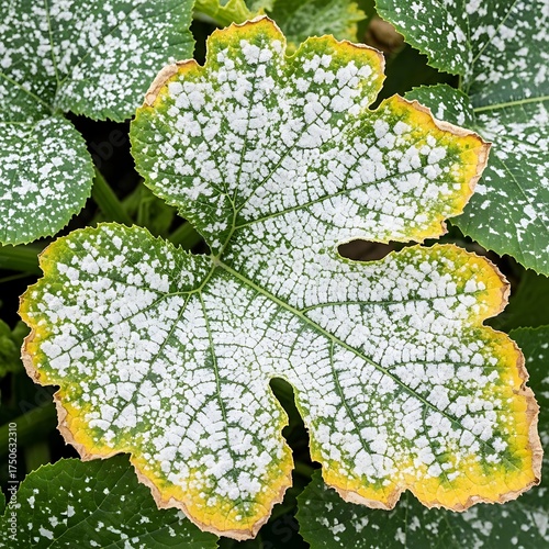 Powdery Mildew on Zucchini Leaf - A Close-Up View of Plant Disease.