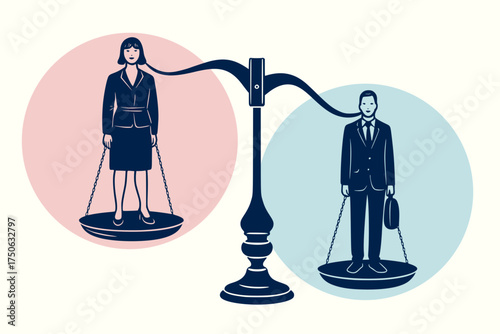 Illustration zur geschlechtsspezifischen Lohnungleichheit – Frau und Mann auf ungleicher Waage als Symbol für Gender Pay Gap, ungleiche Bezahlung, Gleichberechtigung am Arbeitsplatz und faire Entlohnu