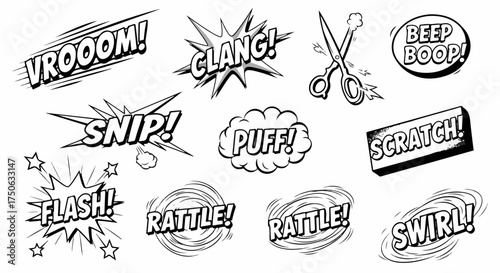 Black and white comic book style sound effects collection. Dynamic pop art onomatopoeia words like Vroom, Clang, Flash, and Scratch for retro graphic designs and visual storytelling.