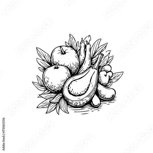 Elegant monochrome sketch of autumnal fruits and vegetables arranged in a delightful composition