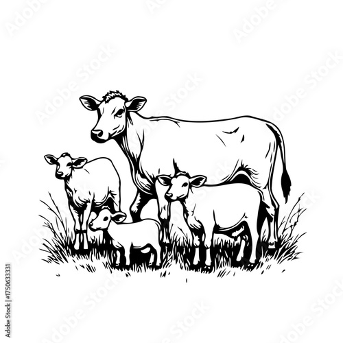 Elegant monochrome illustration of a serene cow family grazing peacefully in lush meadow artwork