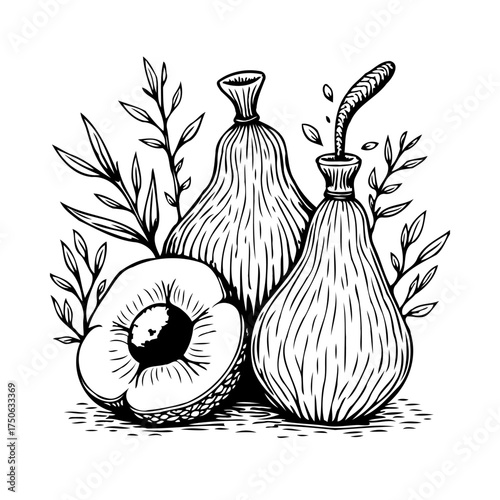 Elegant still life composition featuring sketched pears and foliage with striking linear detailing