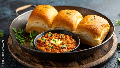 Pav Bhaji Butter Slice on It with 3 Pav in the Nice Cooking Pan 
