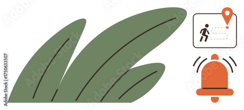 Abstract green leaves paired with a motion tracking icon and location pin, alongside a notification bell. Ideal for geolocation, alerts, tracking, navigation, movement, nature, and notifications
