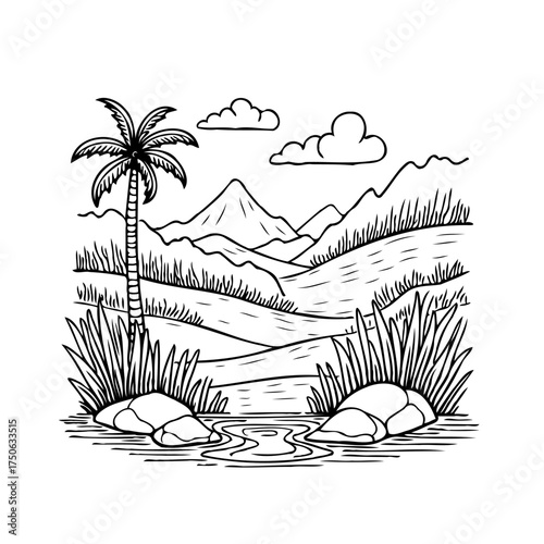 Enchanting monochrome landscape illustration with tropical palm tree cascading hills and gentle
