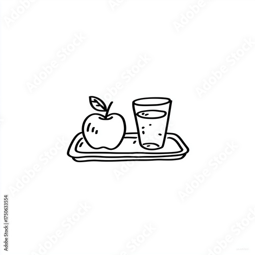 Apple and glass of juice on tray in minimalist line drawing style  