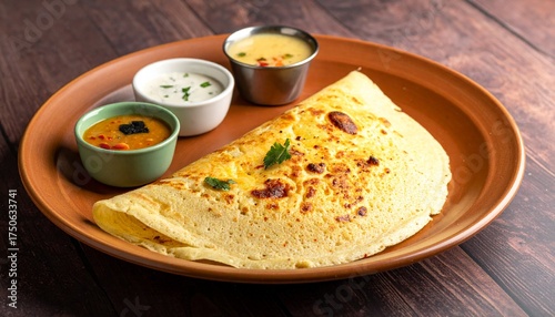 Authentic Butter Sada Dosa Folded in Nice Plate with Traditional 3 Cutney Bowl on Wooden Table 