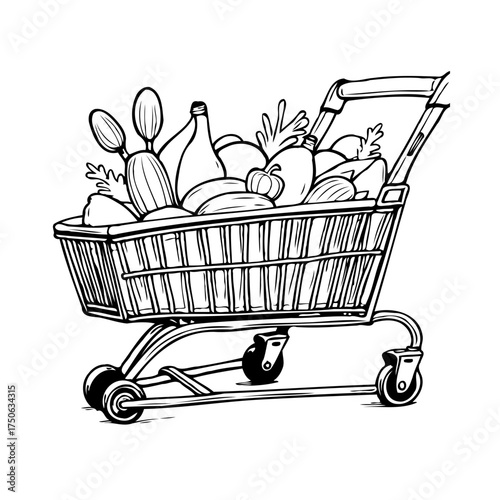 Groceries abundance in a monochrome shopping cart illustration showcasing fresh produce for