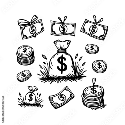 Hand drawn cash elements displaying financial gains, money accumulation, wealth building, and