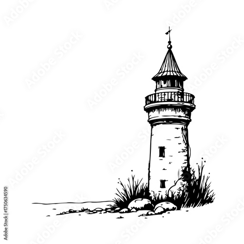 Hand drawn coastal lighthouse illustration a beacon of hope stands sentinel on rocky shore seaside