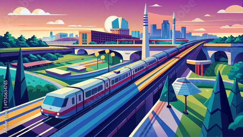 Very beautiful Washington, D.C. suburban subway station and highway, vector-style drone view with modern lines and urban silence.