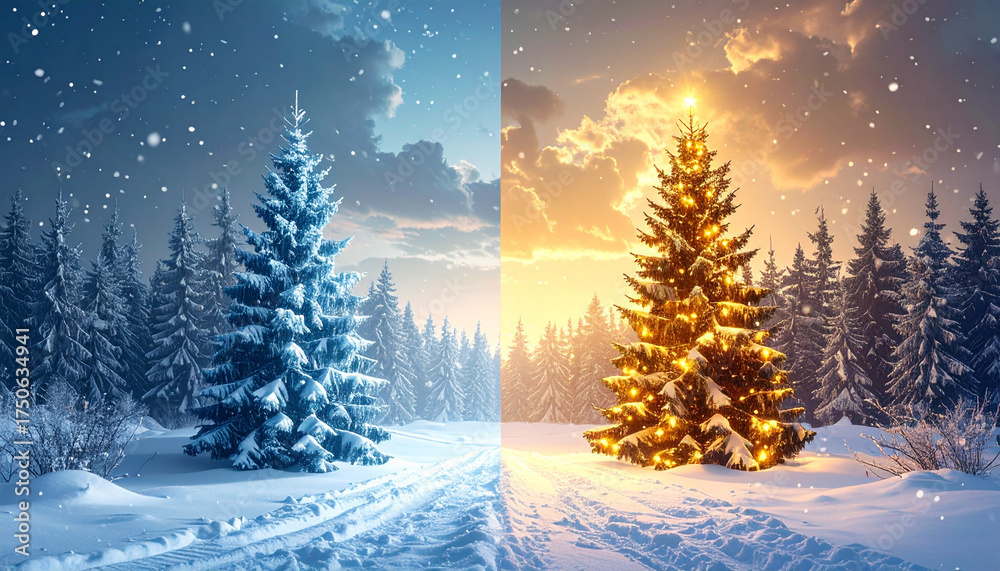 Fototapeta premium A snowy split card showing icy fir trees on one half and glowing golden lights on the other.
