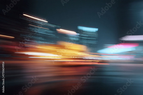 Abstract night cityscape with motion blur. Vivid, colorful light trails convey speed, energy, and modern urban life. Great for backgrounds or illustrating concepts of travel, progress, and technology.