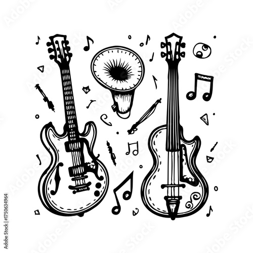 Hand drawn illustration featuring musical instruments alongside fluttering notes creating dynamic